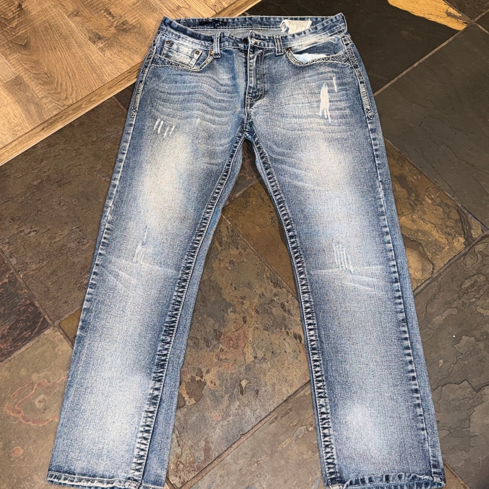 GS115 blue jeans distressed gray heavy stitch moto Jeans mens sz 36 straight leg